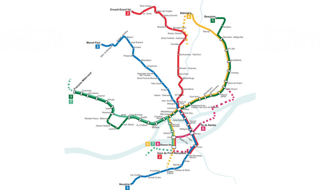 Plan des lignes de tramway à Nantes